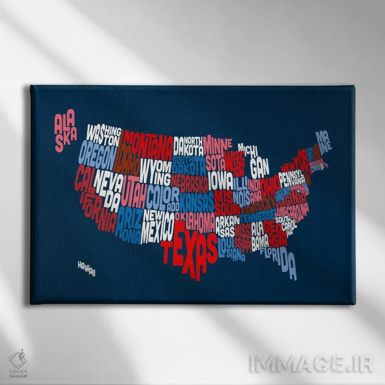 تابلو نقشهٔ تایپوگرافیک ایالتهای آمریکا II اثر مایکل تامپست - نمای روبهرو روی دیوار