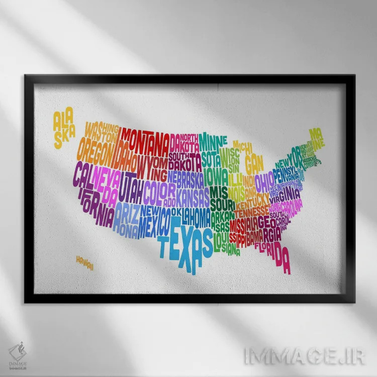 تابلو نقشهٔ تایپوگرافیک ایالتهای آمریکا اثر مایکل تامپست - نمای قابدار مشکی