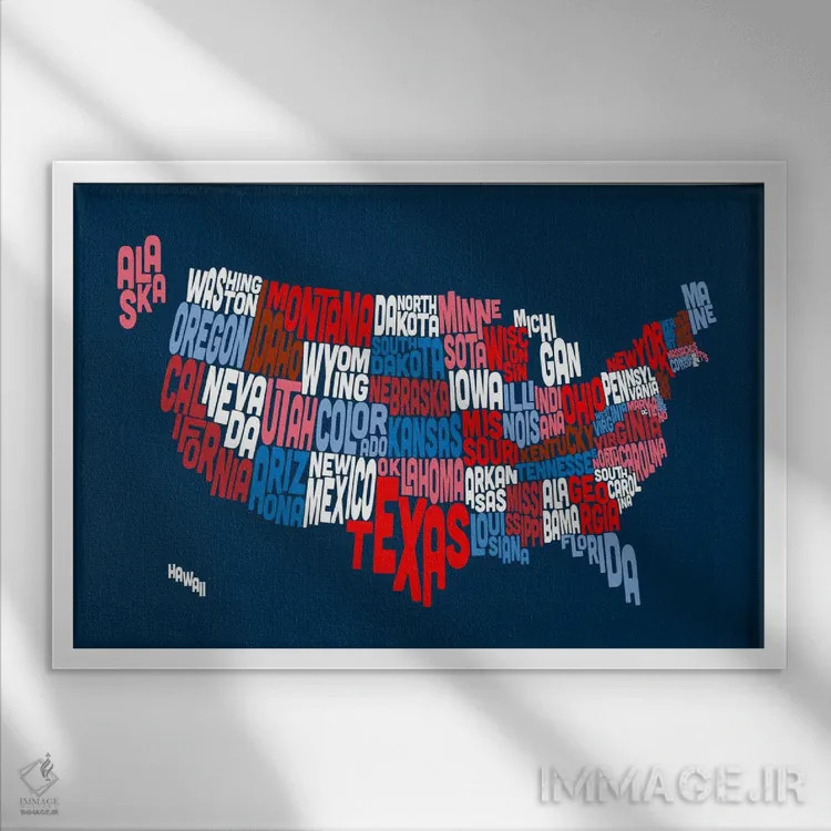 تابلو نقشهٔ تایپوگرافیک ایالتهای آمریکا II اثر مایکل تامپست - نمای قابدار سفید