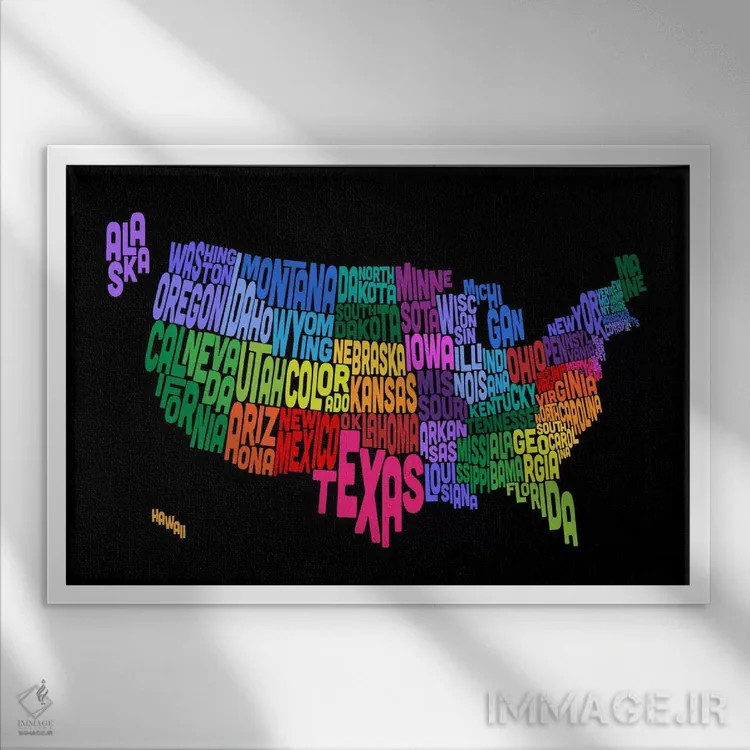 تابلو نقشهٔ تایپوگرافیک ایالتهای آمریکا III اثر مایکل تامپست - نمای قابدار سفید