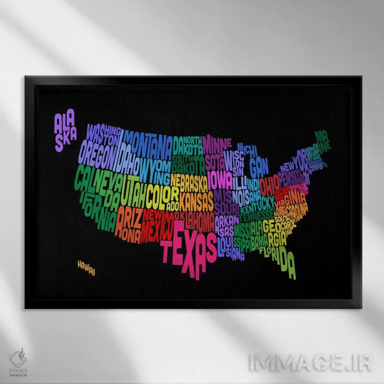 تابلو نقشهٔ تایپوگرافیک ایالتهای آمریکا III اثر مایکل تامپست - نمای قابدار مشکی