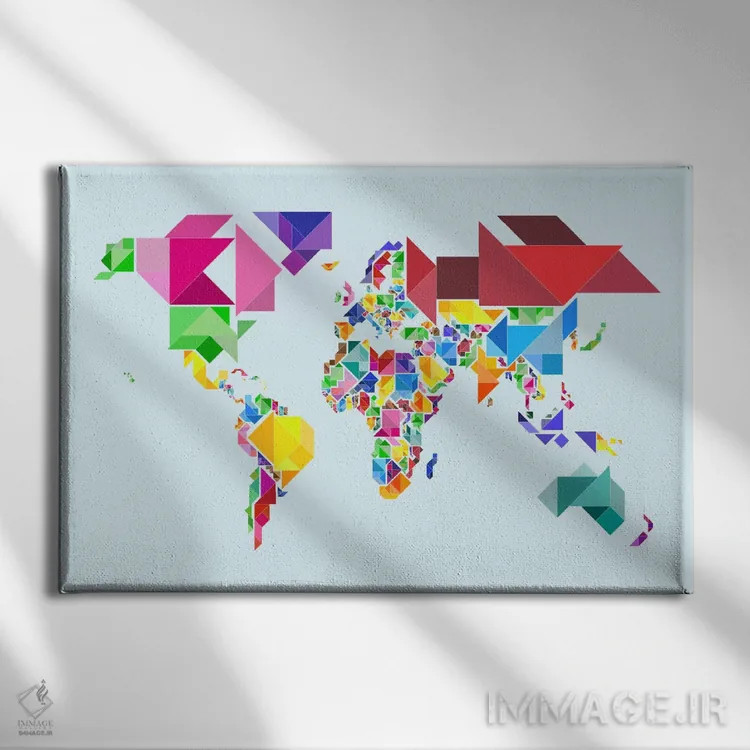 تابلو نقشهٔ انتزاعی جهان به سبک تنگرام اثر مایکل تامپست - نمای روبهرو روی دیوار