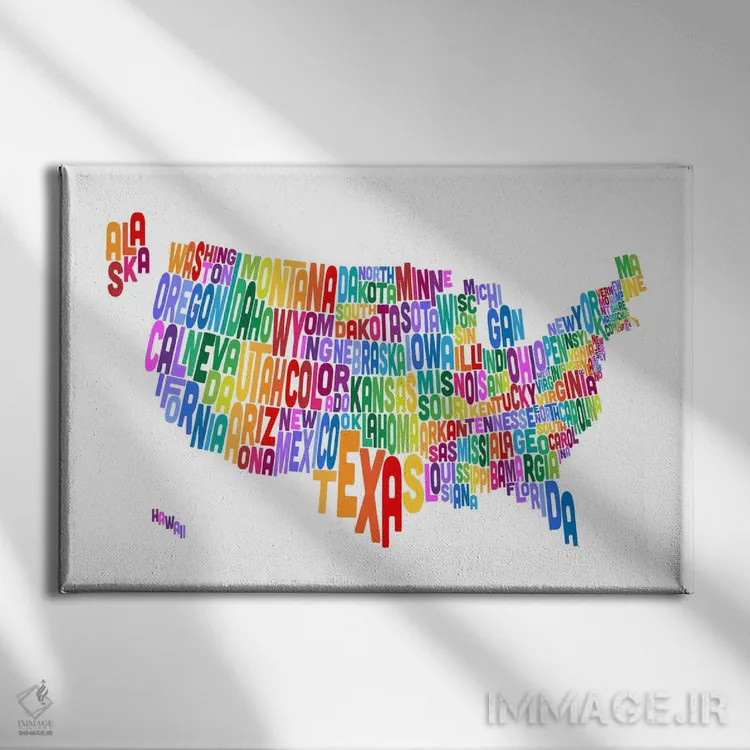 تابلو نقشهٔ تایپوگرافیک ایالتهای آمریکا IV اثر مایکل تامپست - نمای روبهرو روی دیوار