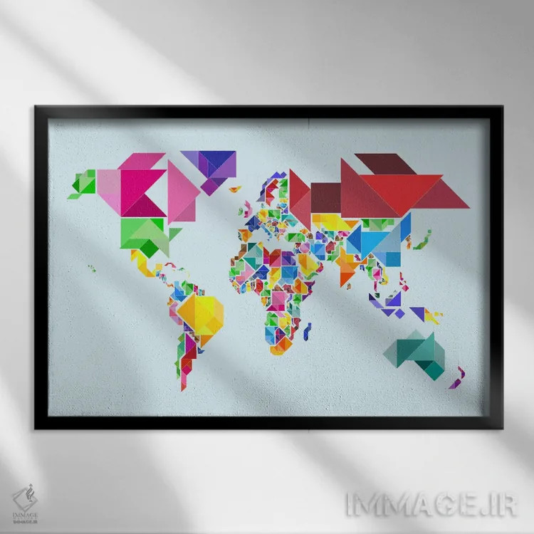 تابلو نقشهٔ انتزاعی جهان به سبک تنگرام اثر مایکل تامپست - نمای قابدار مشکی