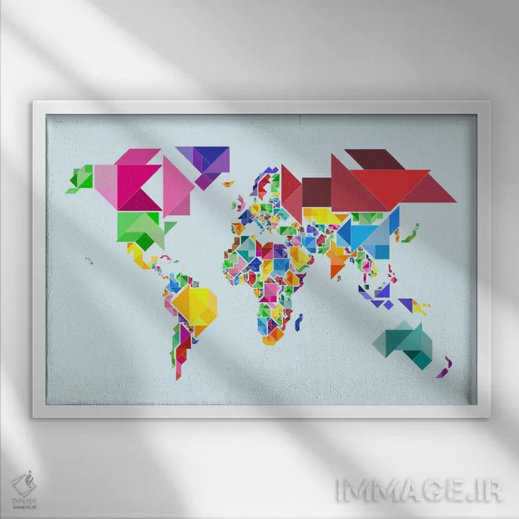 تابلو نقشهٔ انتزاعی جهان به سبک تنگرام اثر مایکل تامپست - نمای قابدار سفید