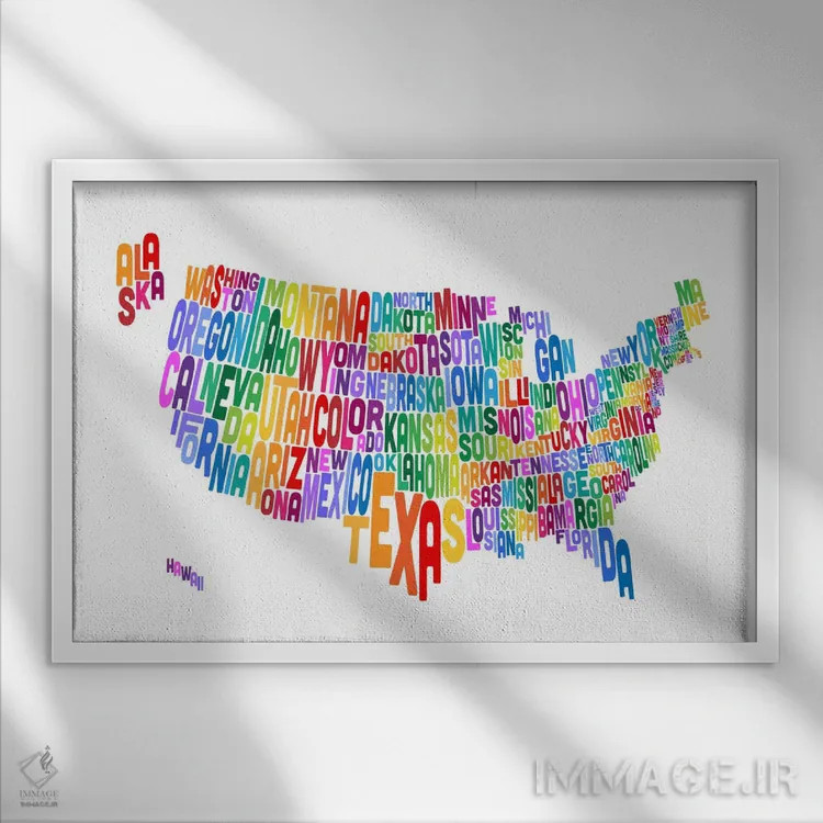 تابلو نقشهٔ تایپوگرافیک ایالتهای آمریکا IV اثر مایکل تامپست - نمای قابدار سفید