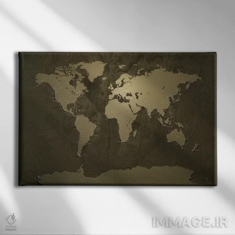 تابلو نقشهٔ شهرهای جهان V اثر مایکل تامپست - نمای روبهرو روی دیوار