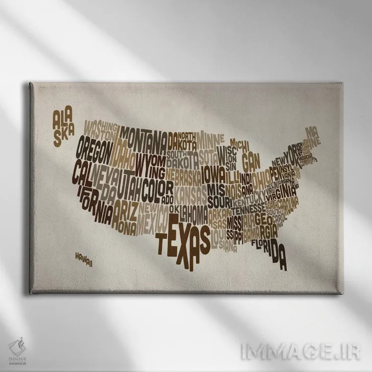 تابلو نقشهٔ تایپوگرافیک ایالتهای آمریکا V اثر مایکل تامپست - نمای روبهرو روی دیوار