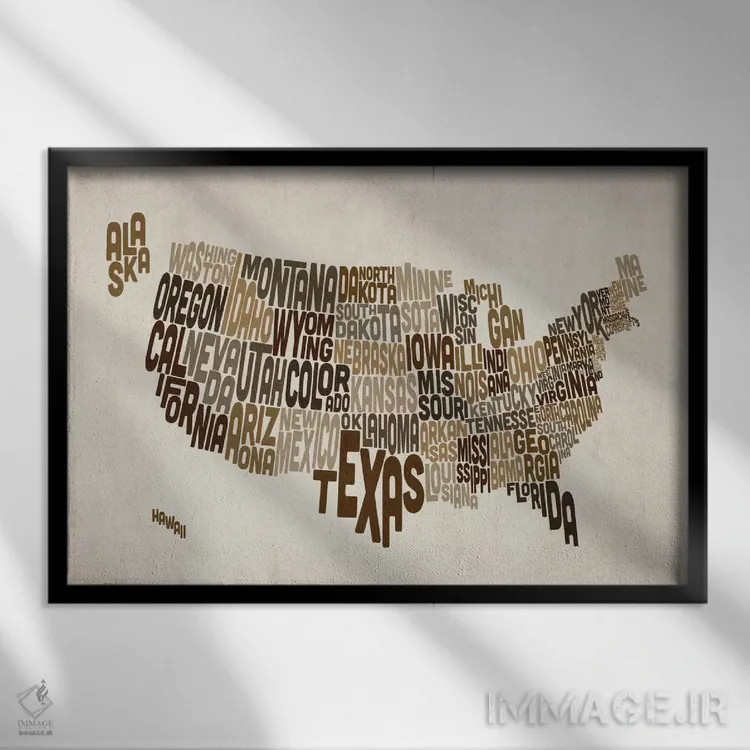 تابلو نقشهٔ تایپوگرافیک ایالتهای آمریکا V اثر مایکل تامپست - نمای قابدار مشکی