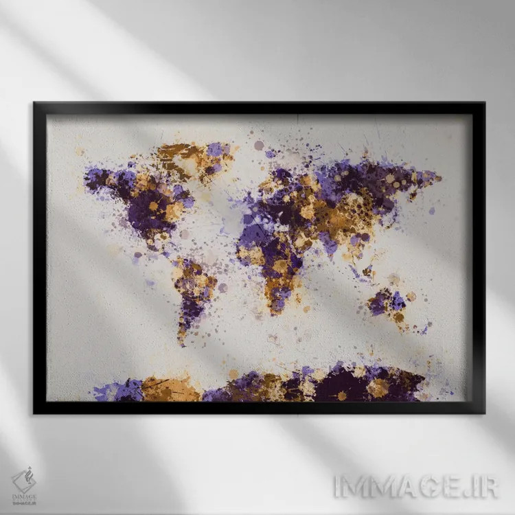تابلو نقشهٔ جهان با پاشش رنگ اثر مایکل تامپست - نمای قابدار مشکی