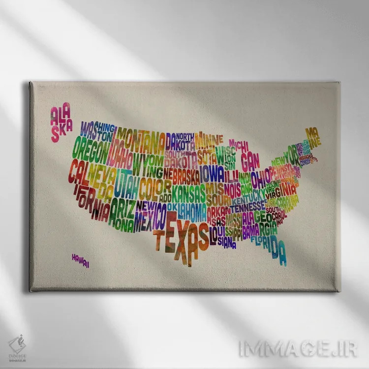 تابلو نقشهٔ تایپوگرافیک ایالتهای آمریکا VI اثر مایکل تامپست - نمای روبهرو روی دیوار