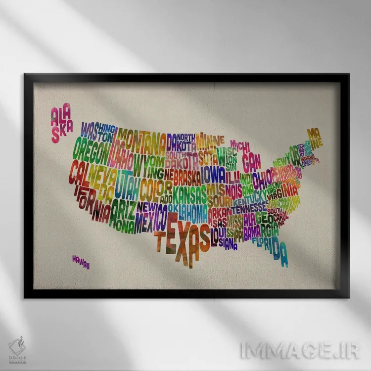 تابلو نقشهٔ تایپوگرافیک ایالتهای آمریکا VI اثر مایکل تامپست - نمای قابدار مشکی
