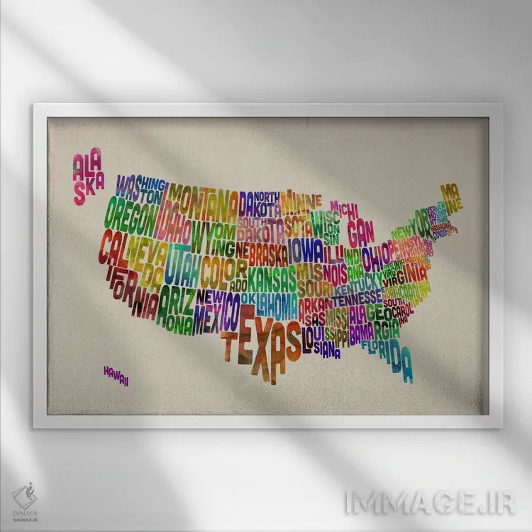 تابلو نقشهٔ تایپوگرافیک ایالتهای آمریکا VI اثر مایکل تامپست - نمای قابدار سفید