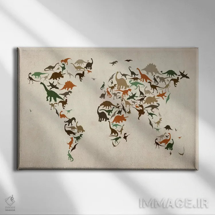 تابلو نقشهٔ دایناسورها در جهان III اثر مایکل تامپست - نمای روبهرو روی دیوار