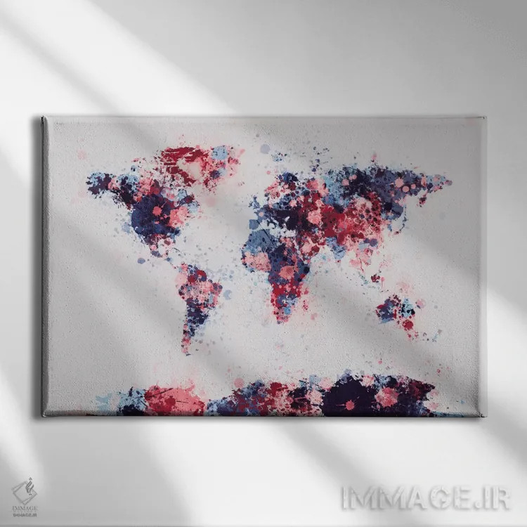 تابلو نقشهٔ جهان با قطرههای رنگ II اثر مایکل تامپست - نمای روبهرو روی دیوار