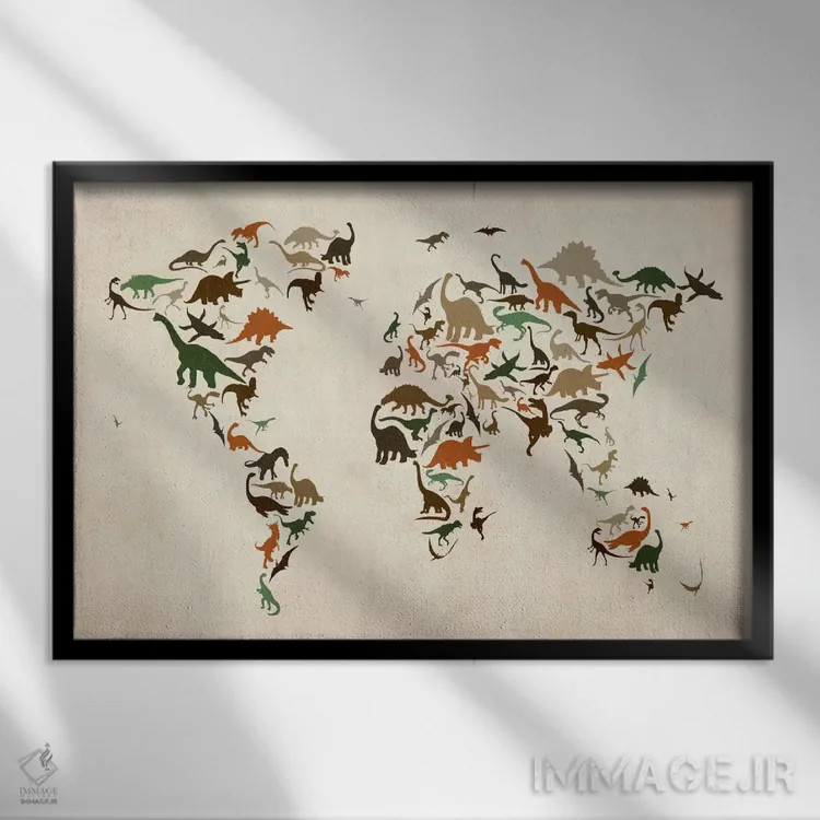 تابلو نقشهٔ دایناسورها در جهان III اثر مایکل تامپست - نمای قابدار مشکی