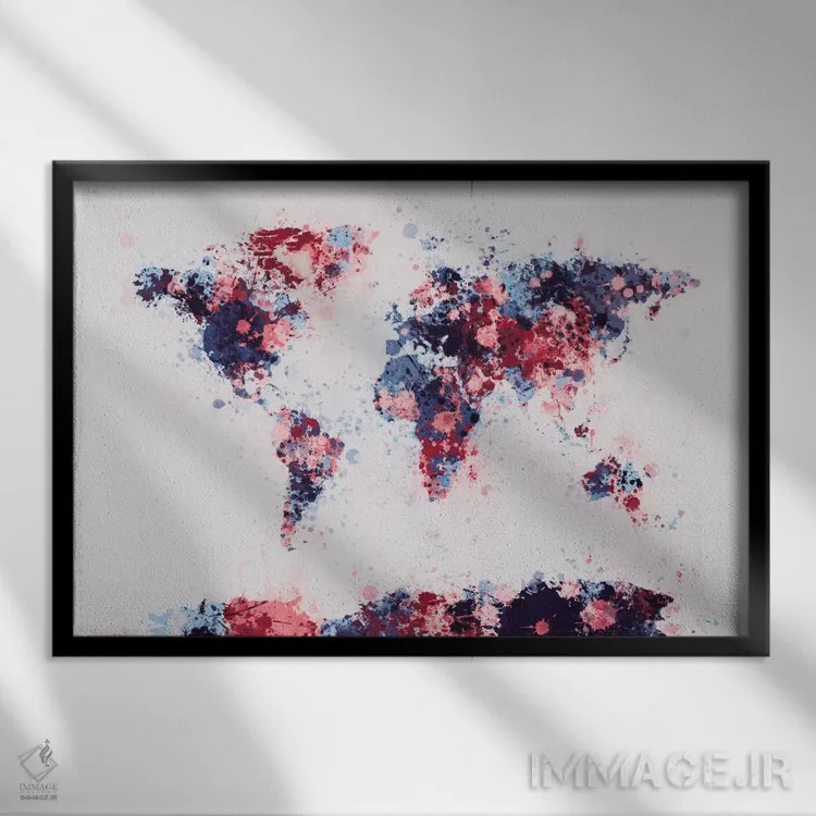 تابلو نقشهٔ جهان با قطرههای رنگ II اثر مایکل تامپست - نمای قابدار مشکی