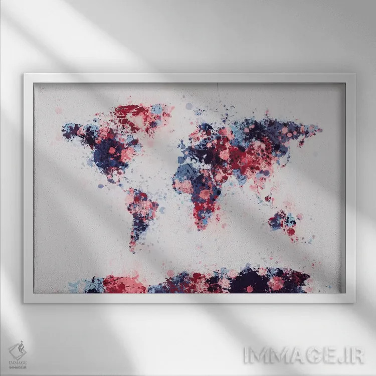 تابلو نقشهٔ جهان با قطرههای رنگ II اثر مایکل تامپست - نمای قابدار سفید