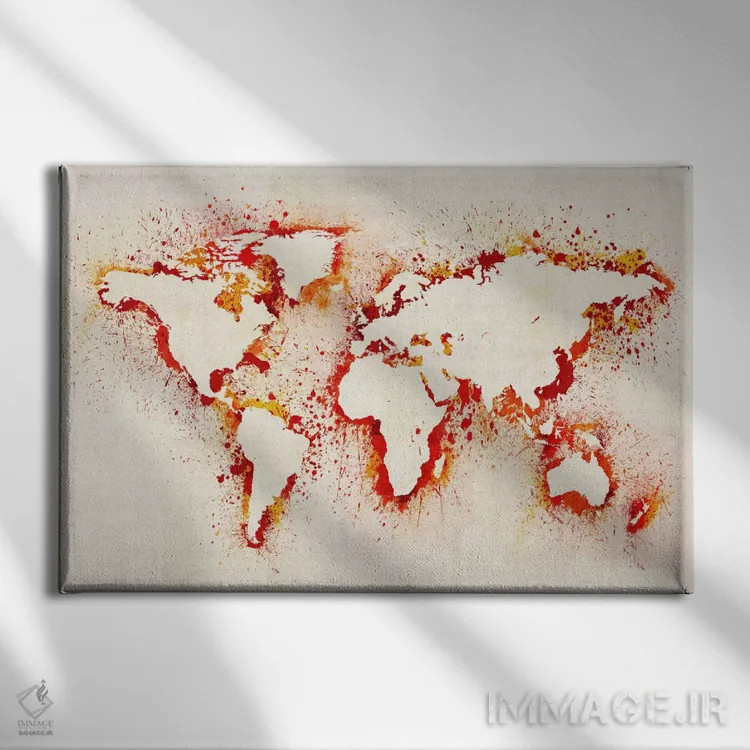 تابلو نقشهٔ جهان (بنفش) با پاشش رنگ II اثر مایکل تامپست - نمای روبهرو روی دیوار