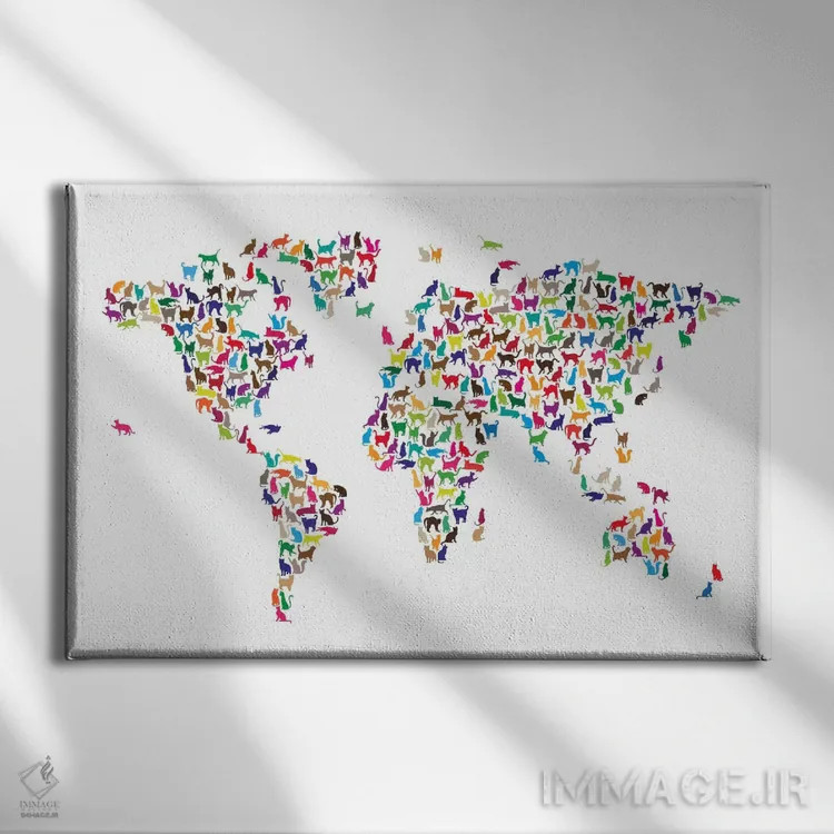تابلو نقشهٔ جهان با گربهها اثر مایکل تامپست - نمای روبهرو روی دیوار