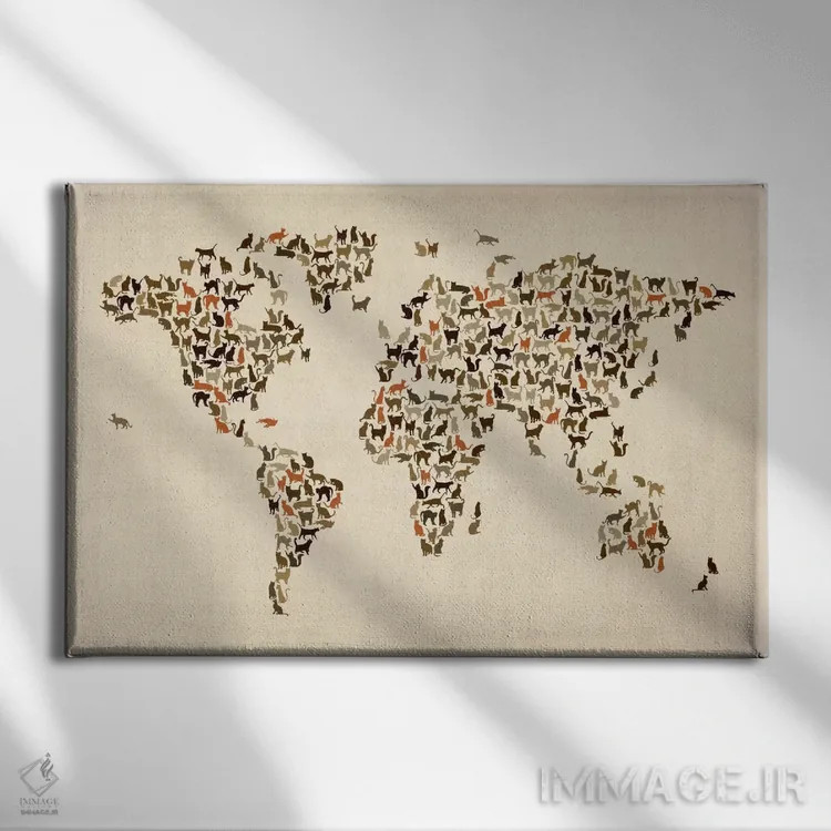 تابلو نقشهٔ جهان با گربهها II اثر مایکل تامپست - نمای روبهرو روی دیوار