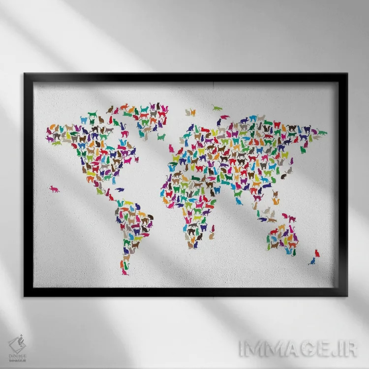 تابلو نقشهٔ جهان با گربهها اثر مایکل تامپست - نمای قابدار مشکی