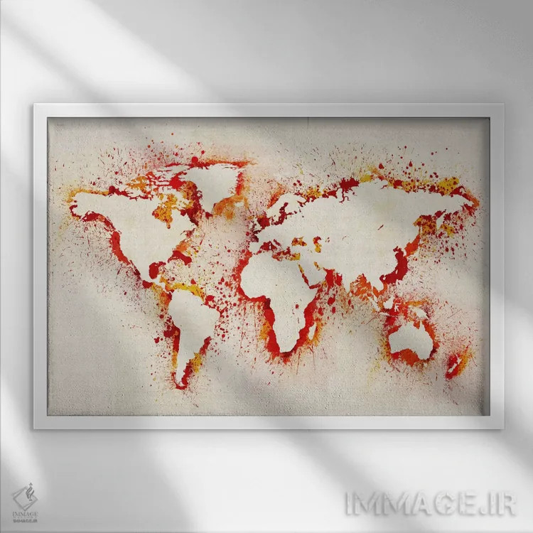 تابلو نقشهٔ جهان (بنفش) با پاشش رنگ II اثر مایکل تامپست - نمای قابدار سفید