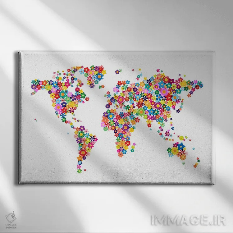 تابلو نقشهٔ جهان با گلها اثر مایکل تامپست - نمای روبهرو روی دیوار