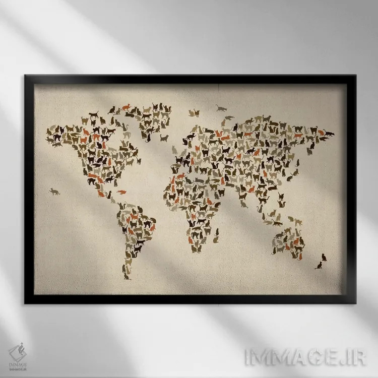 تابلو نقشهٔ جهان با گربهها II اثر مایکل تامپست - نمای قابدار مشکی
