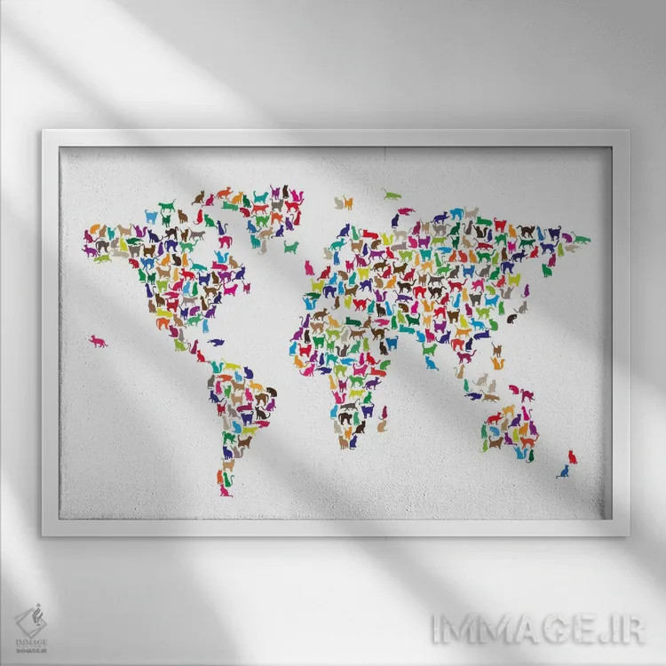تابلو نقشهٔ جهان با گربهها اثر مایکل تامپست - نمای قابدار سفید