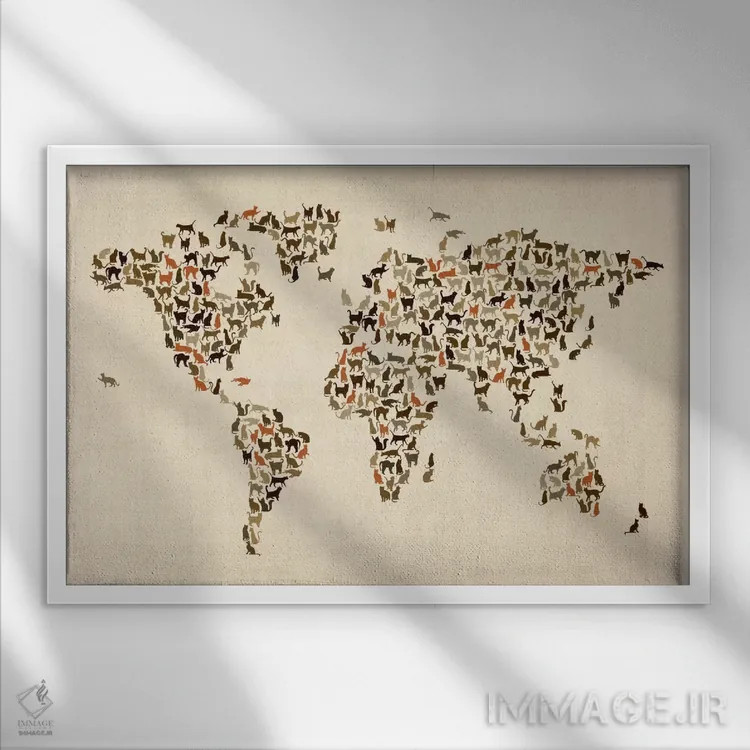تابلو نقشهٔ جهان با گربهها II اثر مایکل تامپست - نمای قابدار سفید