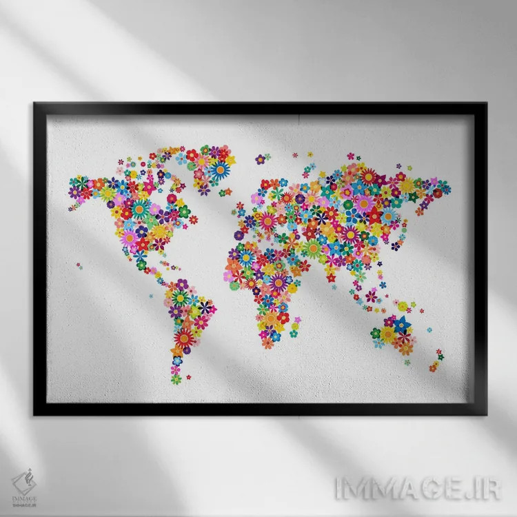 تابلو نقشهٔ جهان با گلها اثر مایکل تامپست - نمای قابدار مشکی
