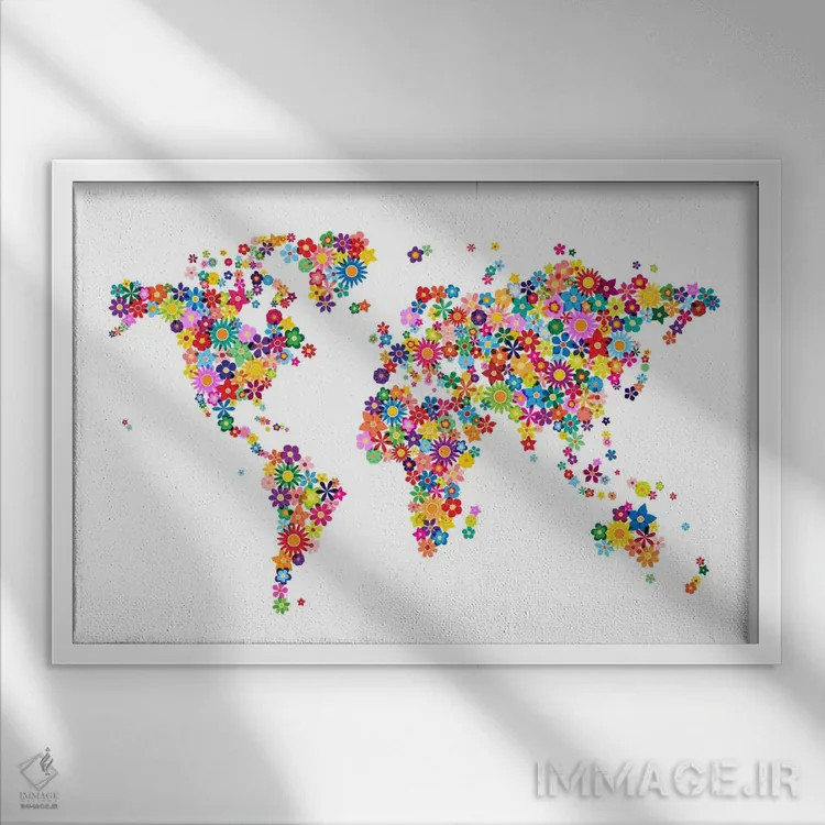 تابلو نقشهٔ جهان با گلها اثر مایکل تامپست - نمای قابدار سفید