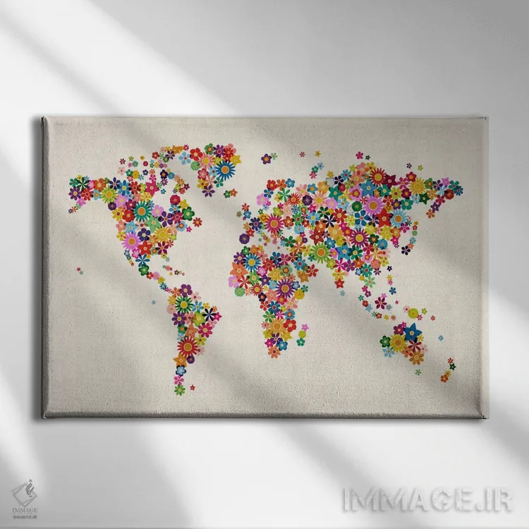 تابلو نقشهٔ جهان با گلها II اثر مایکل تامپست - نمای روبهرو روی دیوار