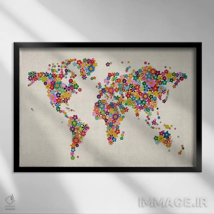 تابلو نقشهٔ جهان با گلها II اثر مایکل تامپست - نمای قابدار مشکی