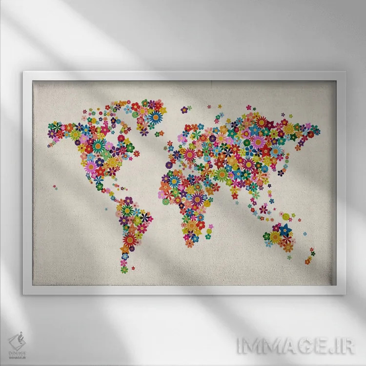 تابلو نقشهٔ جهان با گلها II اثر مایکل تامپست - نمای قابدار سفید