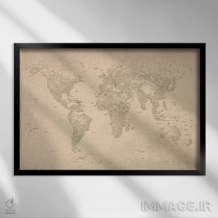 تابلو نقشهٔ شهرهای جهان II اثر مایکل تامپست - نمای قابدار مشکی