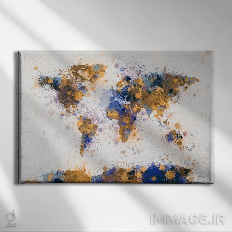 تابلو نقشهٔ جهان با قطرههای رنگ IV اثر مایکل تامپست - نمای روبهرو روی دیوار