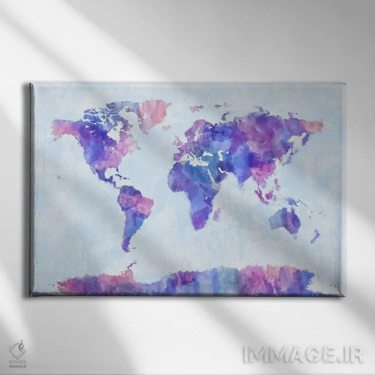 تابلو نقشهٔ جهان با پاشش رنگ V اثر مایکل تامپست - نمای روبهرو روی دیوار