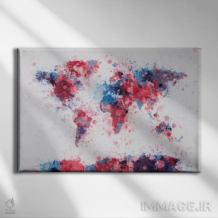 تابلو نقشهٔ جهان با قطرههای رنگ V اثر مایکل تامپست - نمای روبهرو روی دیوار
