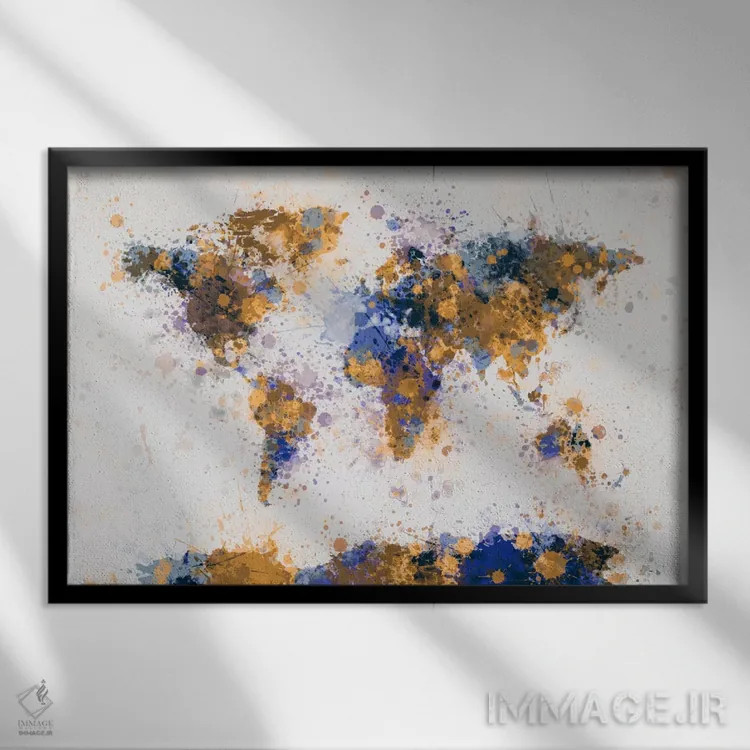 تابلو نقشهٔ جهان با قطرههای رنگ IV اثر مایکل تامپست - نمای قابدار مشکی
