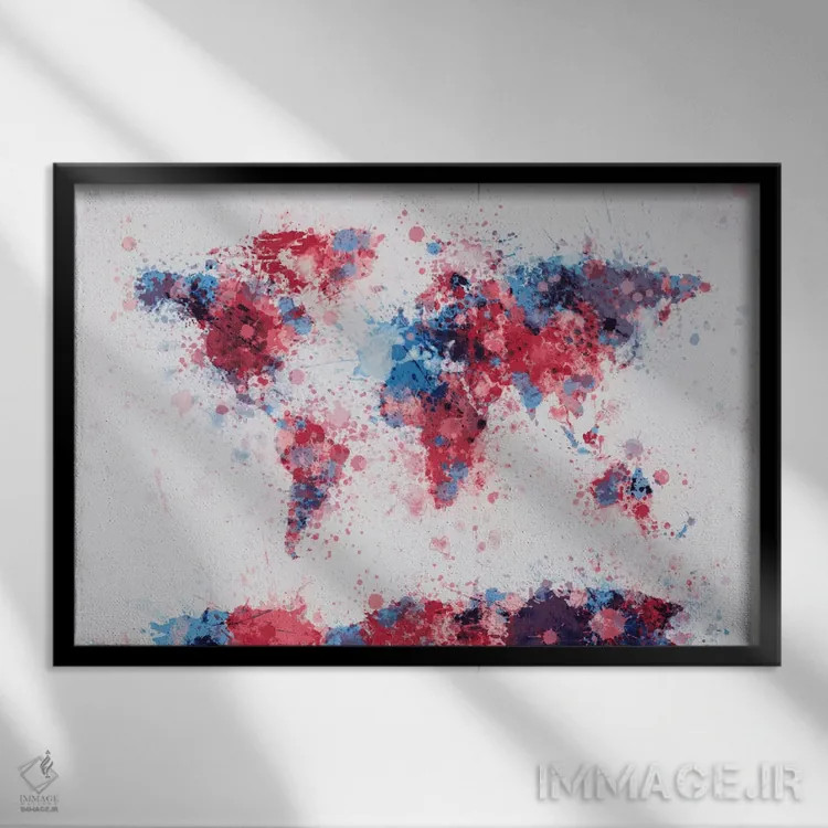 تابلو نقشهٔ جهان با قطرههای رنگ V اثر مایکل تامپست - نمای قابدار مشکی