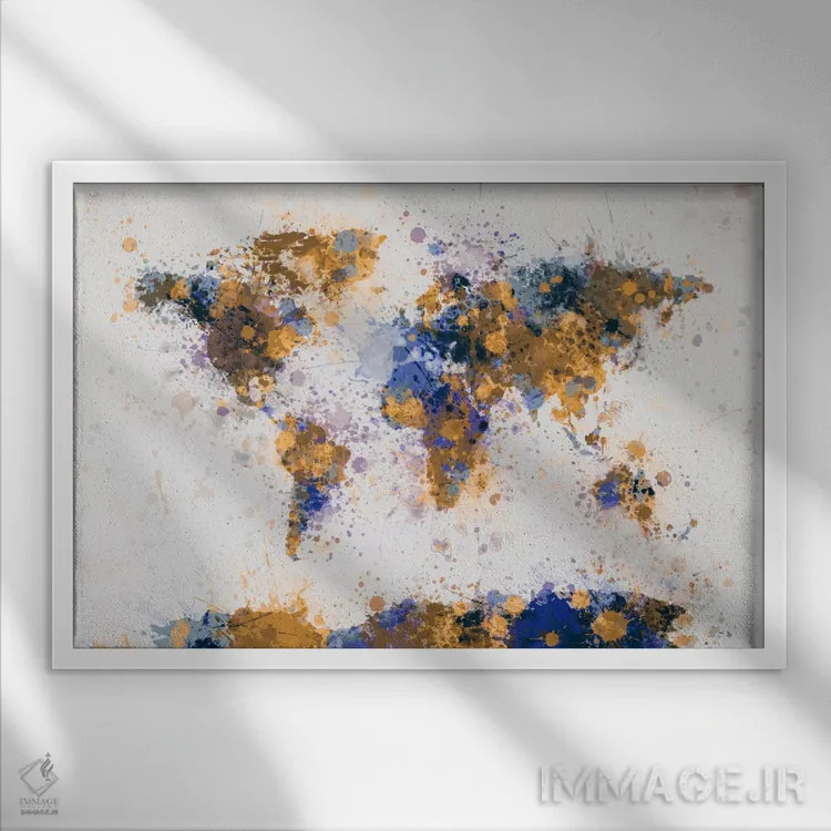 تابلو نقشهٔ جهان با قطرههای رنگ IV اثر مایکل تامپست - نمای قابدار سفید