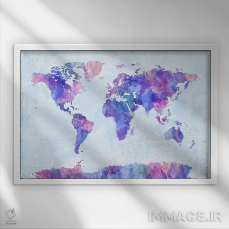 تابلو نقشهٔ جهان با پاشش رنگ V اثر مایکل تامپست - نمای قابدار سفید
