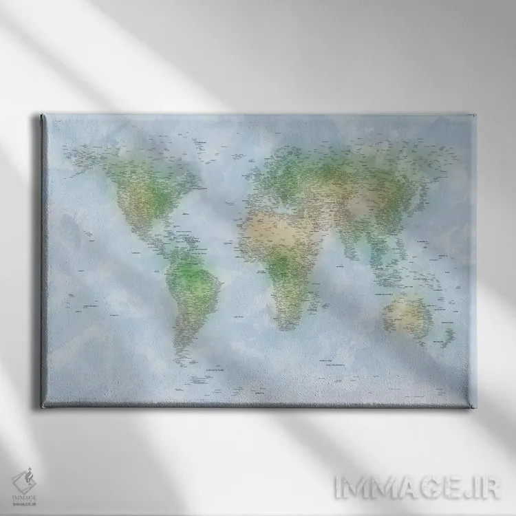 تابلو نقشهٔ جهان VI اثر مایکل تامپست - نمای روبهرو روی دیوار