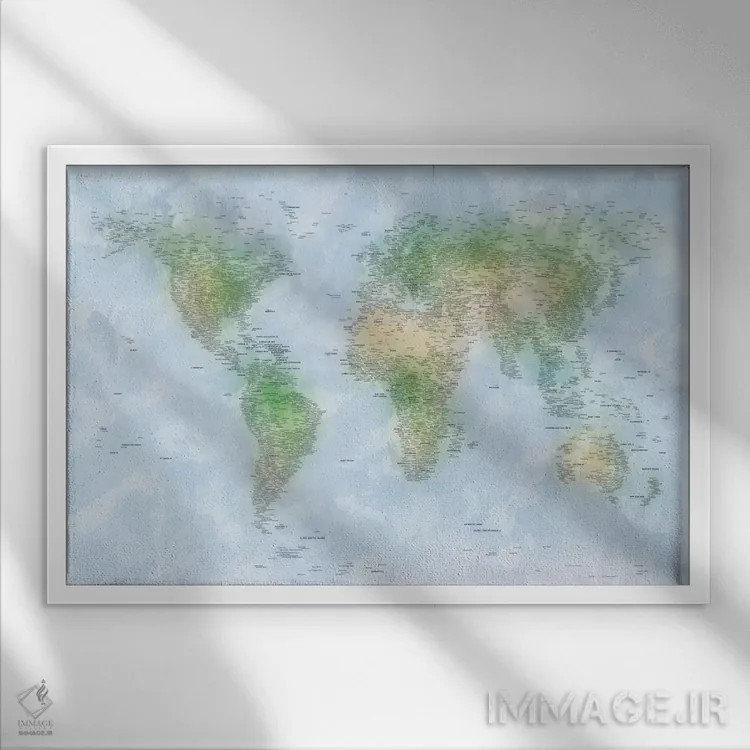 تابلو نقشهٔ جهان VI اثر مایکل تامپست - نمای قابدار سفید