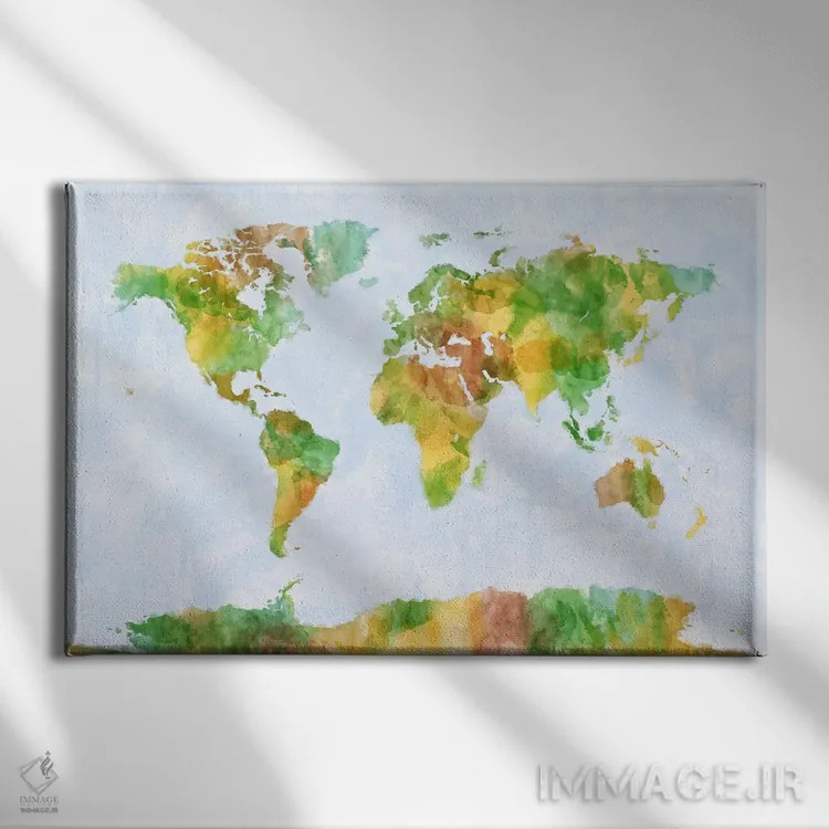 تابلو نقشهٔ جهان (سبز) اثر مایکل تامپست - نمای روبهرو روی دیوار