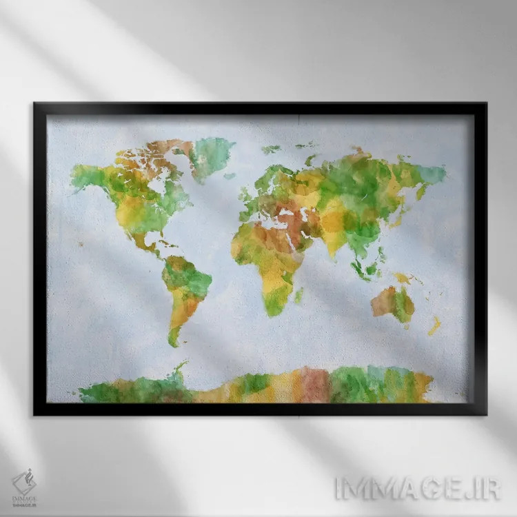 تابلو نقشهٔ جهان (سبز) اثر مایکل تامپست - نمای قابدار مشکی