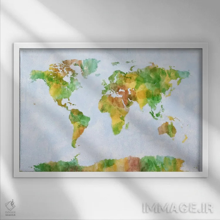 تابلو نقشهٔ جهان (سبز) اثر مایکل تامپست - نمای قابدار سفید