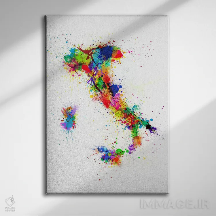 تابلو نقشهٔ ایتالیا با پاشش رنگ II اثر مایکل تامپست - نمای روبهرو روی دیوار